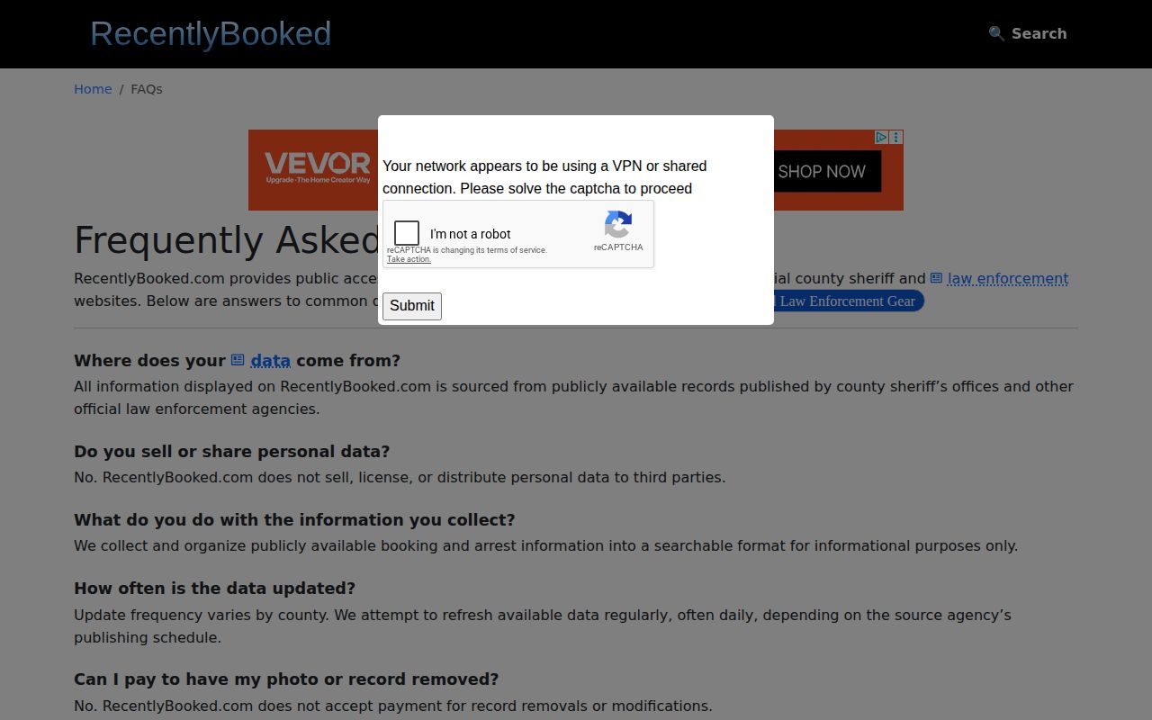 Calhoun County booking record source and update information