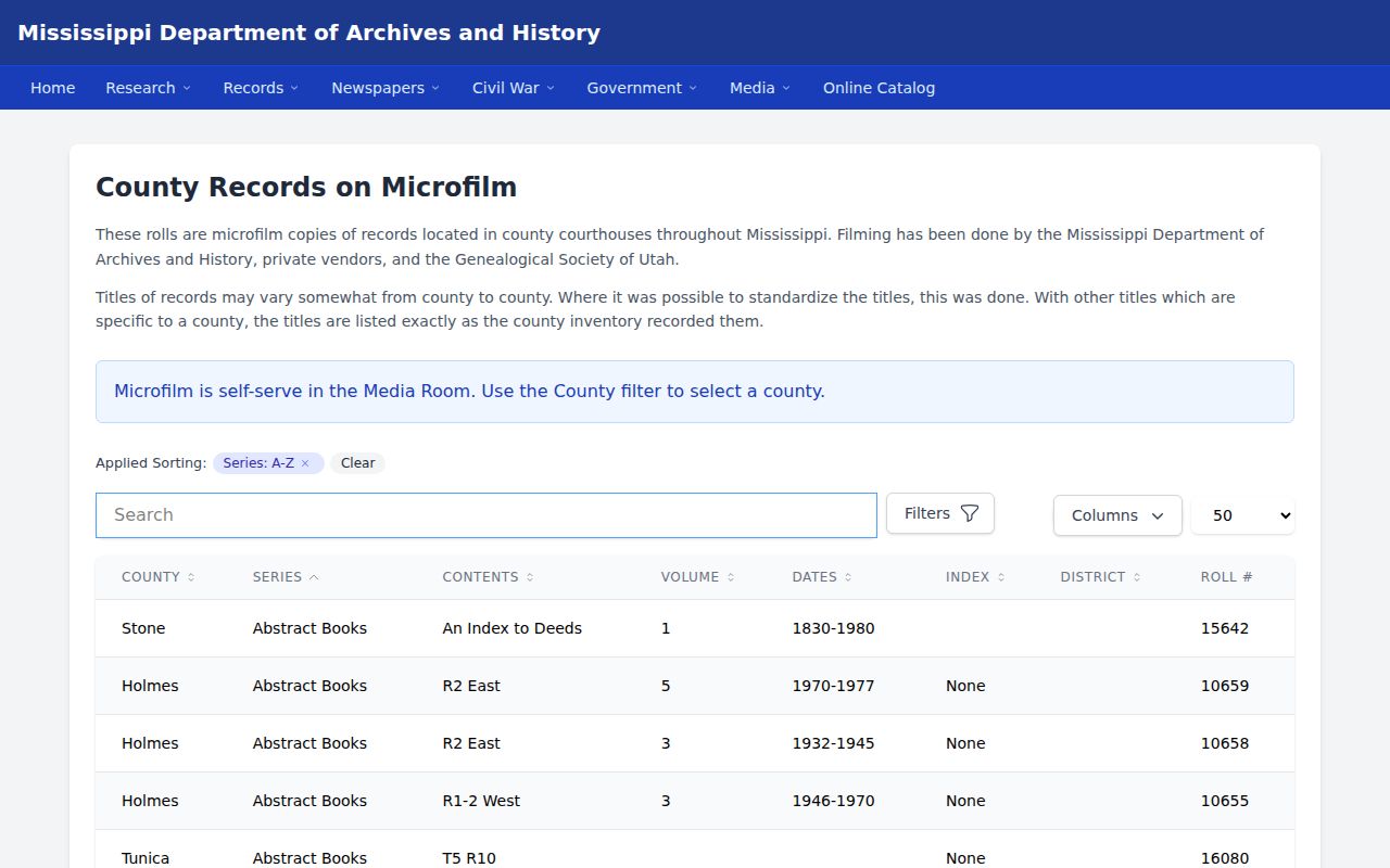 Calhoun County booking record archival search options at MDAH